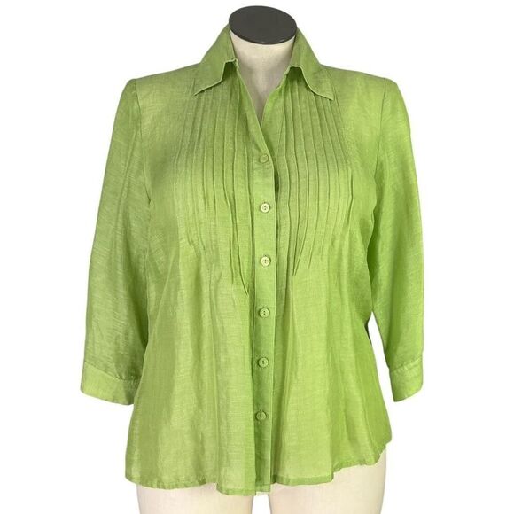 Coldwater Creek Tops - Coldwater Creek Top Women 1X Green Linen Silk Pleated 3/4 Sleeve Button Up Shirt